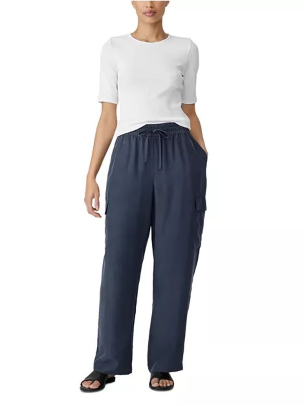 Eileen Fisher Washed Silk Cargo Pant XL Full length ocean blue gray high rise
